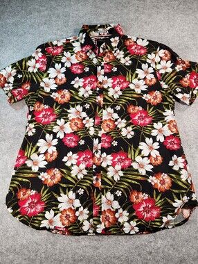 Denim & Flower Black Floral Short-Sleeve Button-Down Shirt Size Large